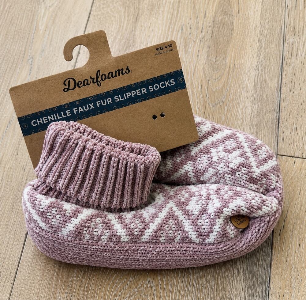NWT Dearfoams Chenille Faux Fur Slipper Socks Pale Mauve 4–10 Cottagecore